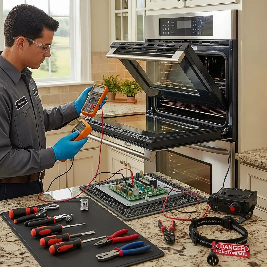 Person troubleshooting a Thermador oven safely at home, emphasizing DIY repair methods