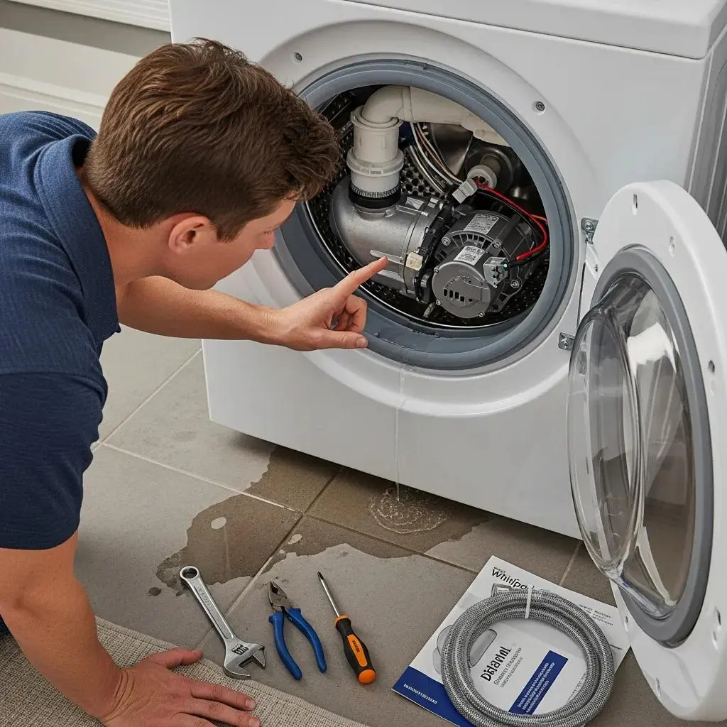 Person troubleshooting a Whirlpool washer, inspecting the drain hose and pump