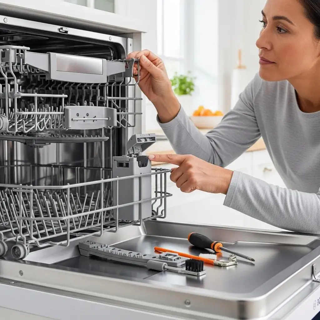 Person troubleshooting Bosch dishwasher, inspecting spray arms and detergent dispenser