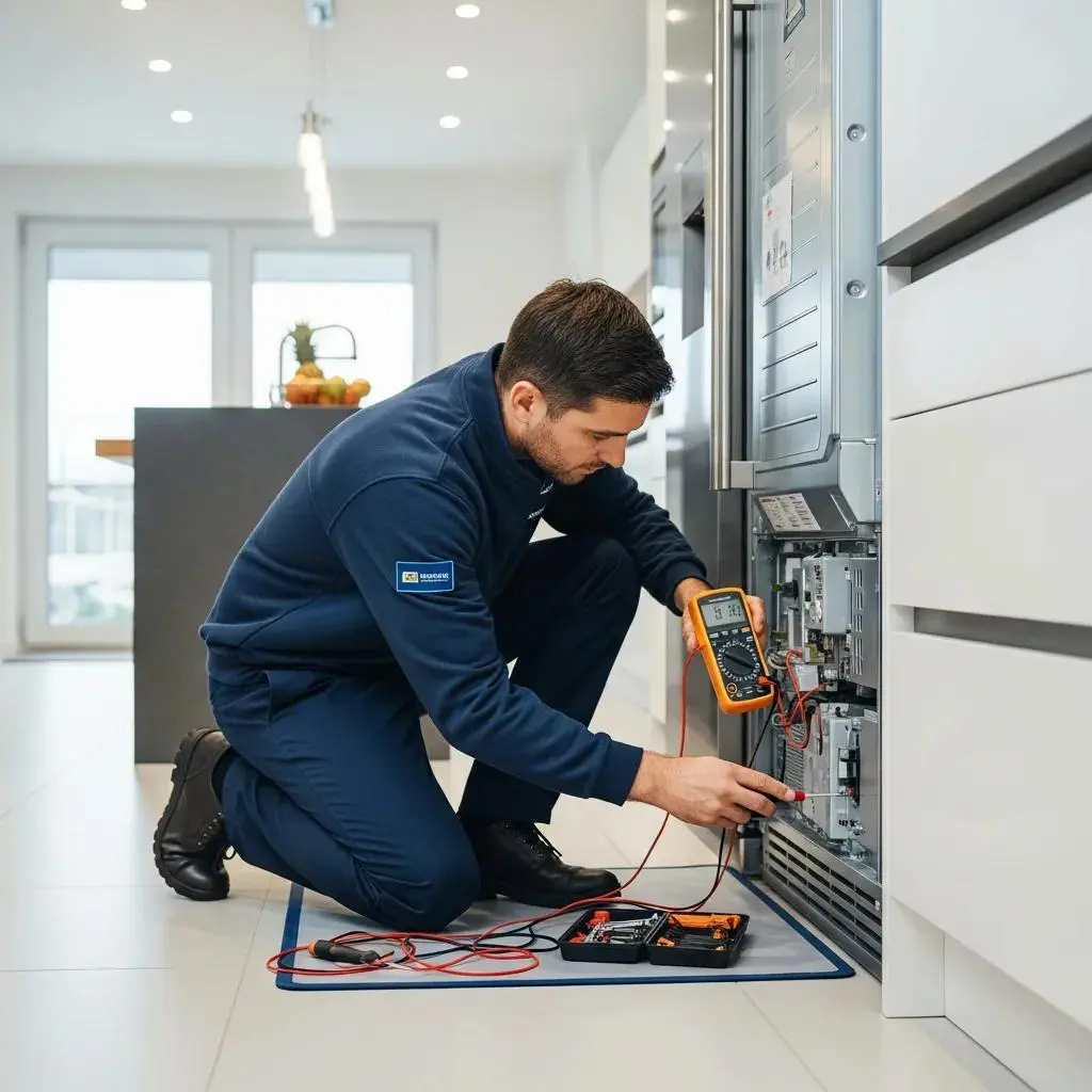 Professional technician diagnosing a refrigerator issue in a modern kitchen setting