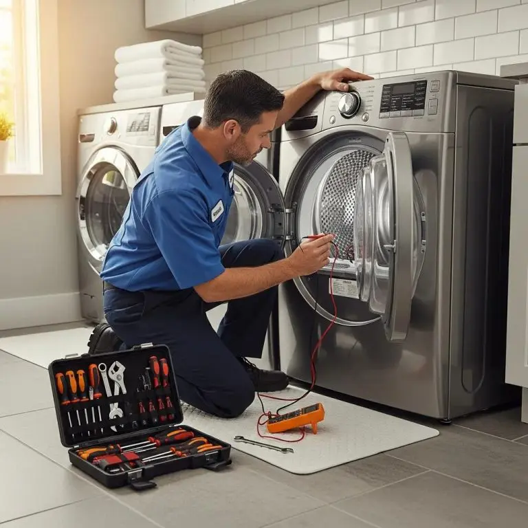 Professional technician repairing a dryer in a modern laundry room