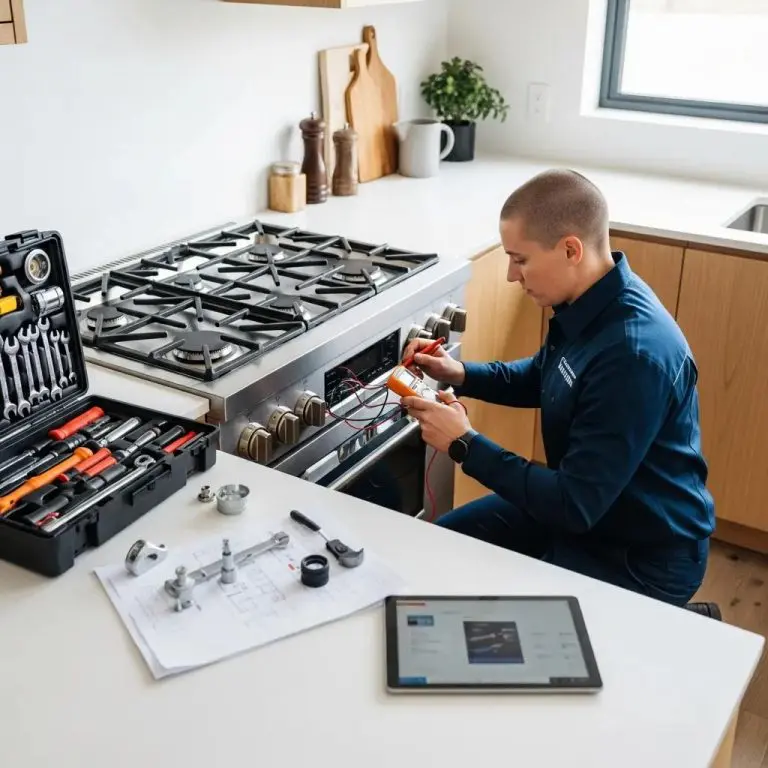 Professional technician repairing a gas stove in a modern kitchen, emphasizing appliance repair services