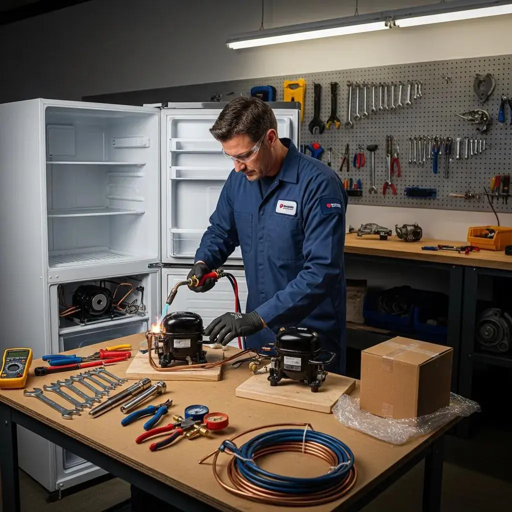 Professional technician repairing a refrigerator, focusing on compressor replacement in a workshop
