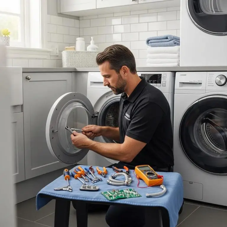 Professional technician repairing a washing machine in a modern laundry room
