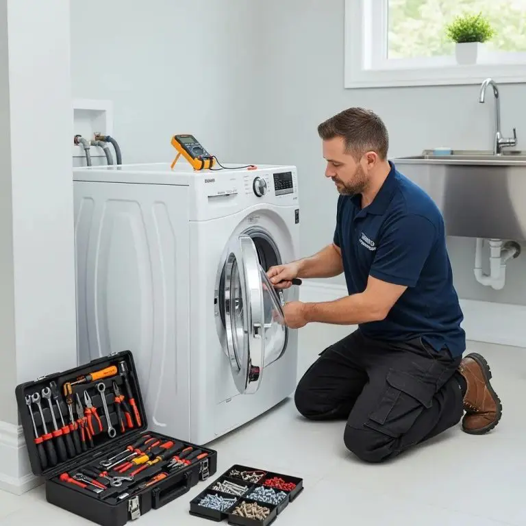 Professional technician repairing a washing machine in a Toronto home