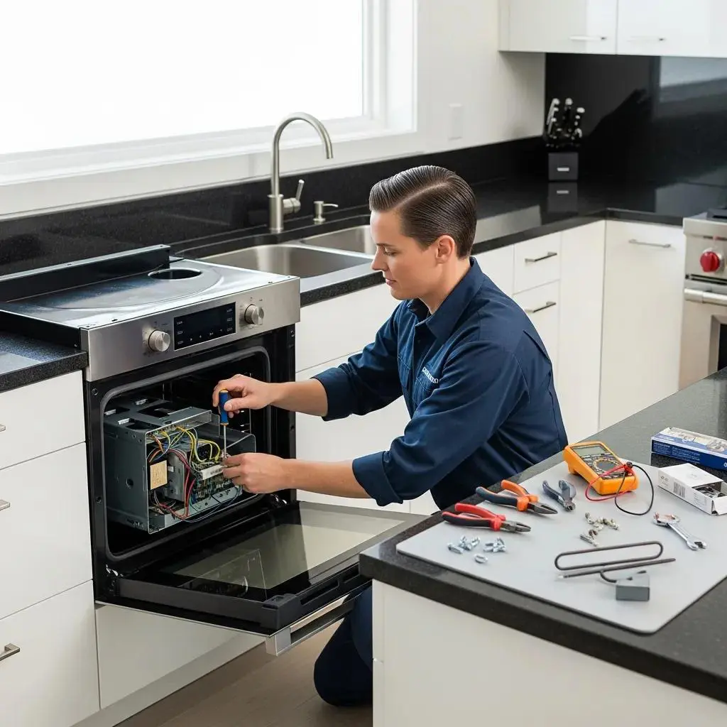 Professional technician repairing an oven in a modern kitchen, Appliance Expert service in Toronto.