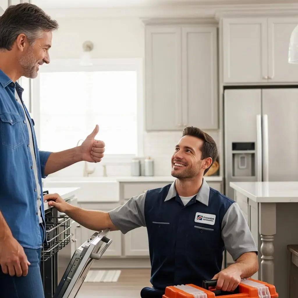 Satisfied customer giving a thumbs up to a technician after appliance repair, highlighting trust and satisfaction
