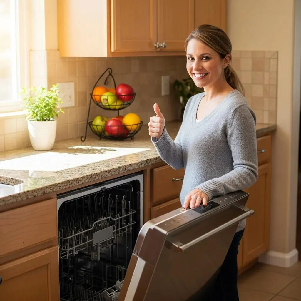 Satisfied customer next to a repaired dishwasher, showcasing positive feedback and trust in appliance repair