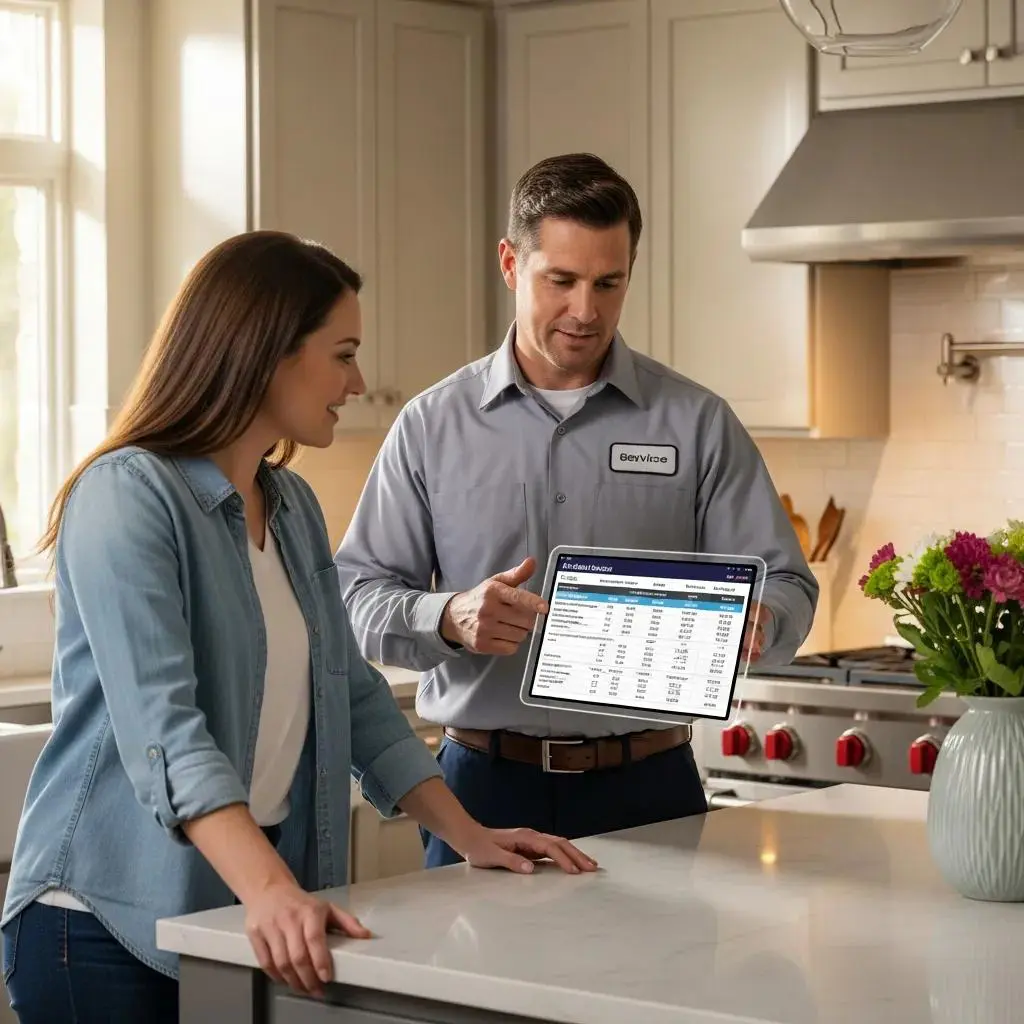 Service technician explaining transparent pricing to a customer in a kitchen