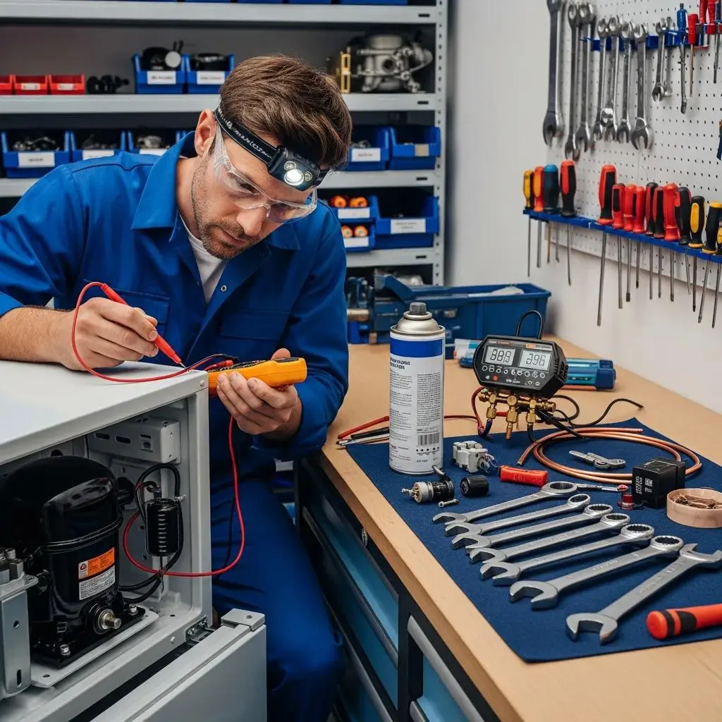 Technician assessing a fridge compressor for repair or replacement options