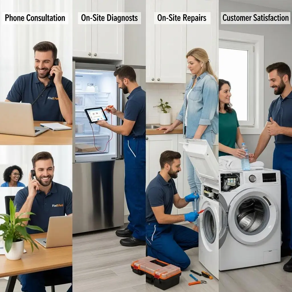 Technician consulting with a customer and diagnosing an appliance, illustrating the repair process