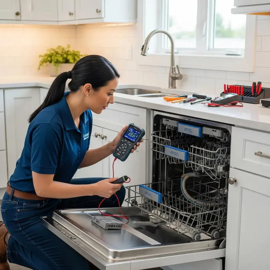 Technician diagnosing dishwasher with tools in a kitchen, Appliance Expert repair service.