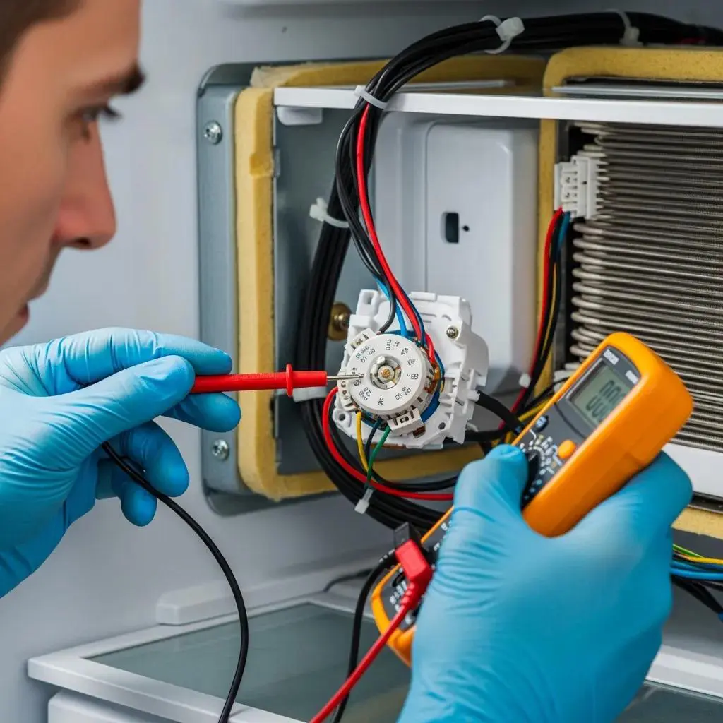 Technician diagnosing refrigerator issues, focusing on thermostat and wiring inspection