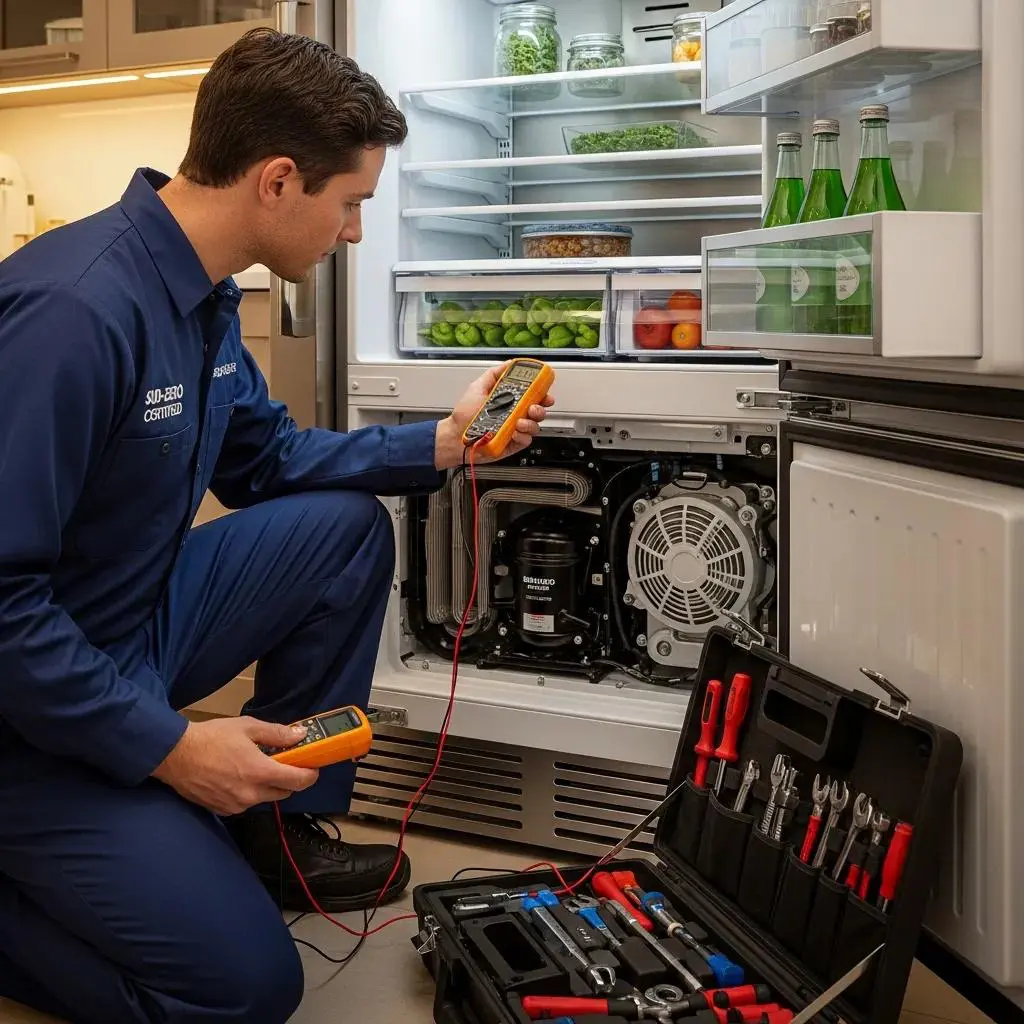 Technician inspecting a Sub-Zero refrigerator compressor, highlighting the repair process