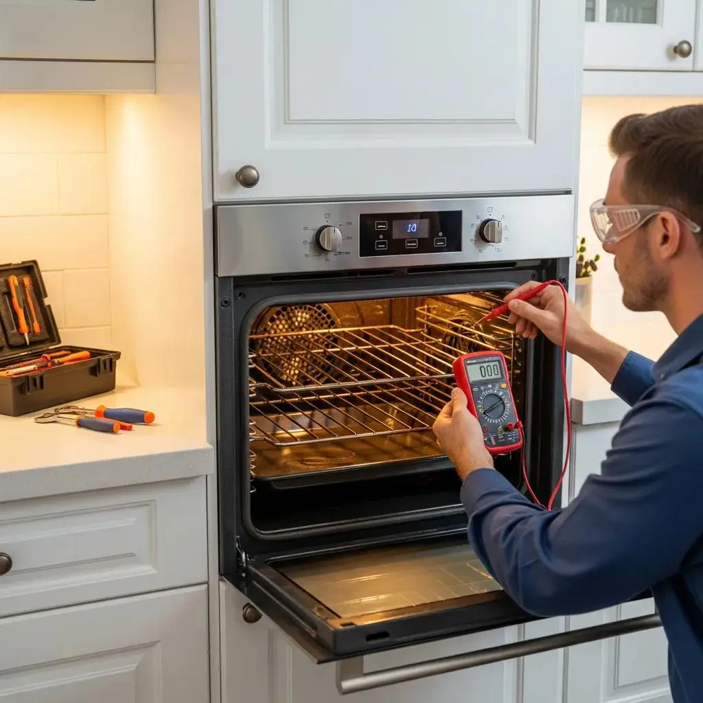Technician inspecting electric oven's heating element with multimeter, emphasizing maintenance and repair solutions for appliance efficiency.