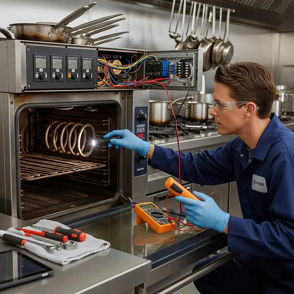Appliance Expert technician troubleshooting oven heating elements and control panel in Toronto, ON.