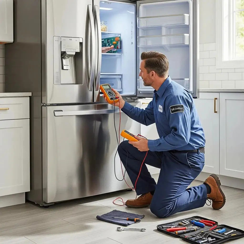 Technician inspecting LG refrigerator with multimeter, emphasizing reliable repair services in Toronto, featuring tools and appliance maintenance context.