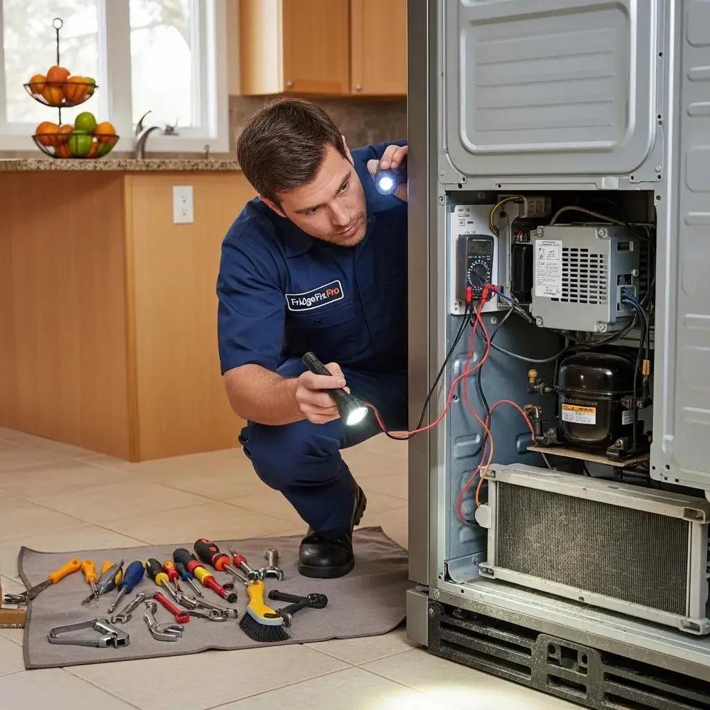 Appliance Expert technician inspecting refrigerator components and troubleshooting cooling issues.