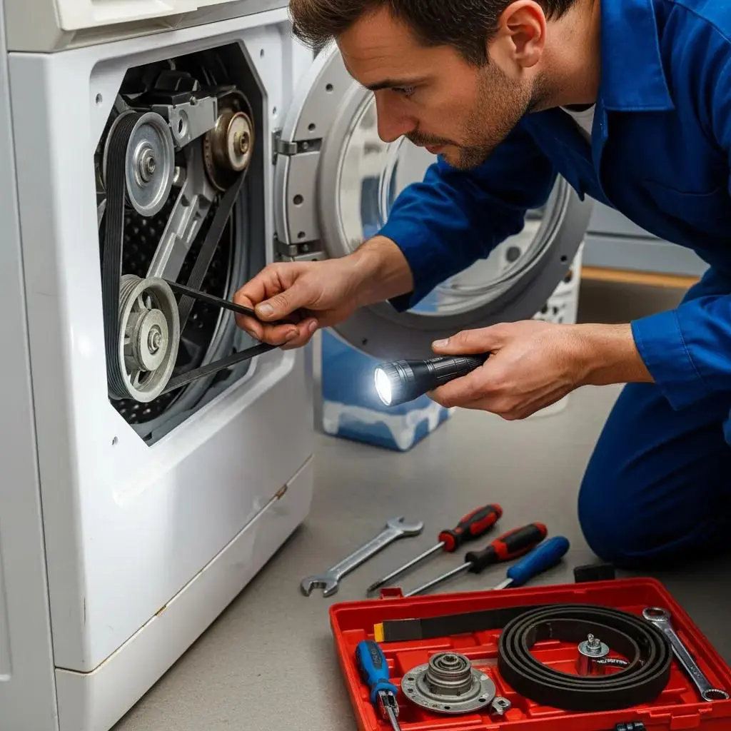 Technician inspecting washing machine drive belt with tools nearby