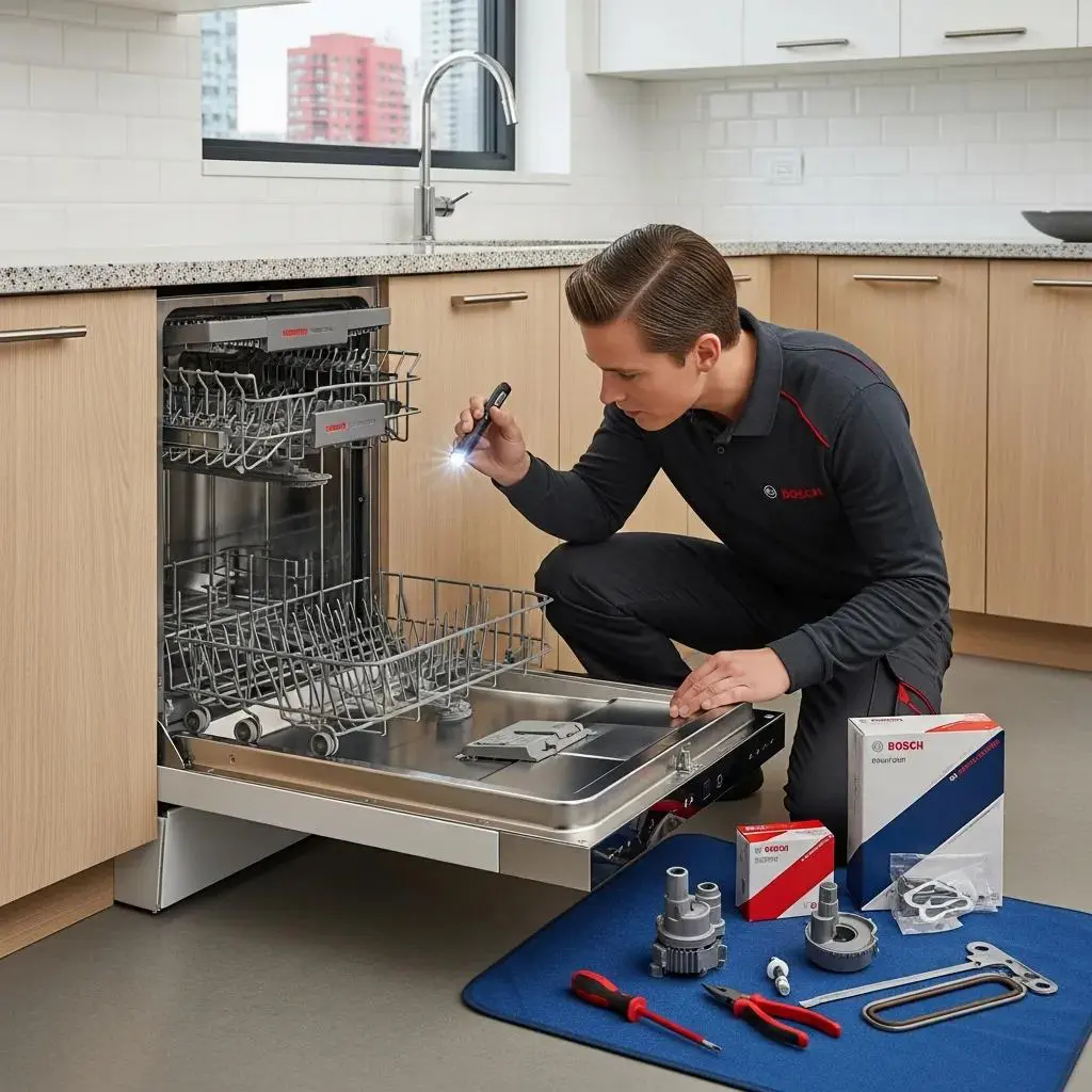 Technician repairing a Bosch dishwasher, highlighting professional appliance repair services
