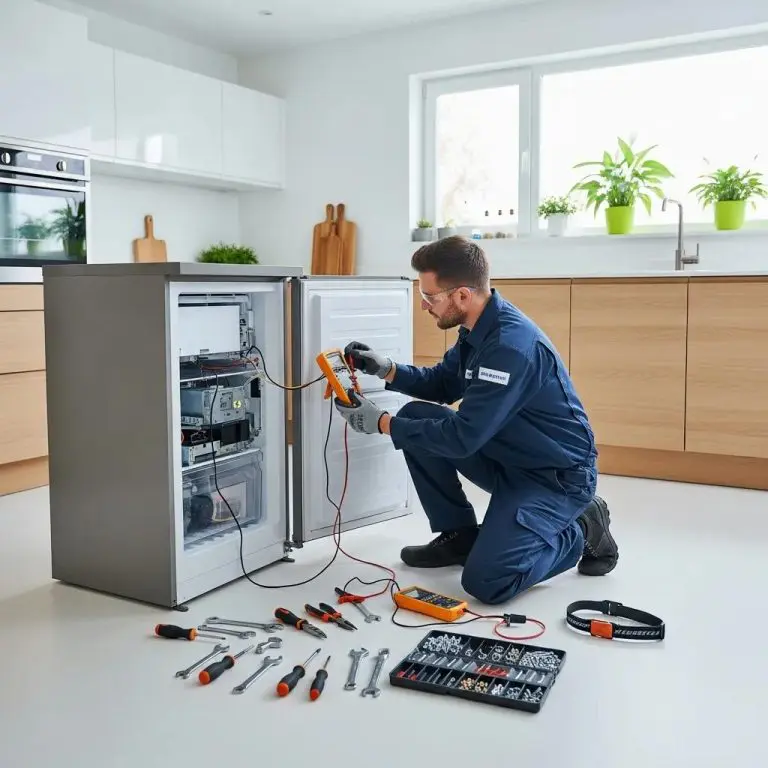 Technician repairing a freezer in a modern kitchen, emphasizing appliance repair services