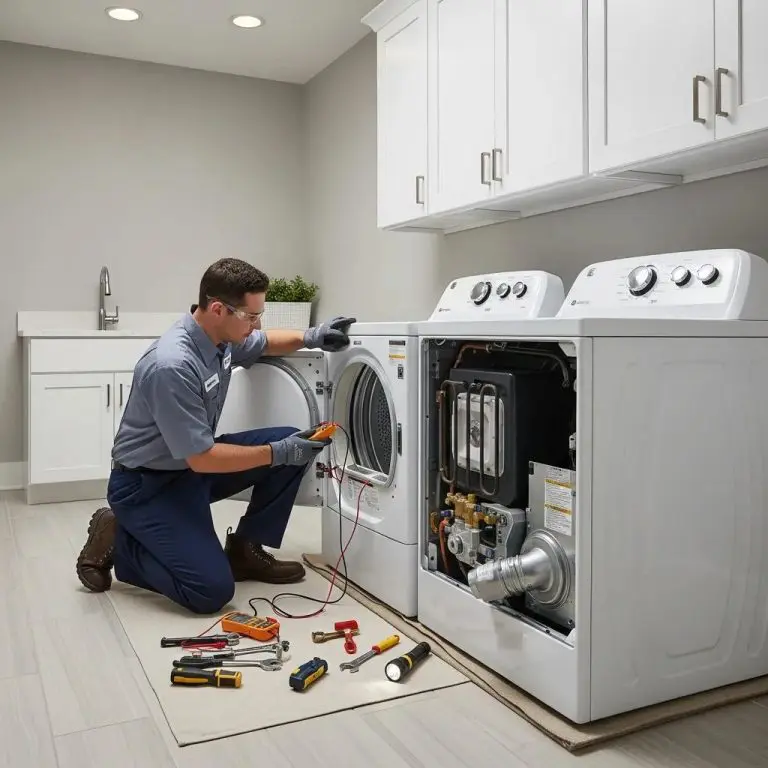 Technician repairing a gas dryer in a modern laundry room, highlighting dryer repair services in Toronto