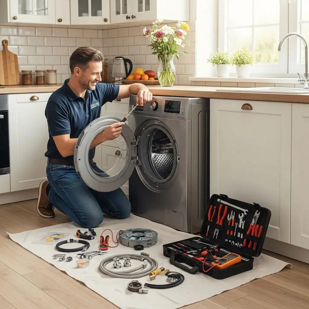 Appliance Expert technician repairing a household washing machine in a bright kitchen, emphasizing quality service and expertise.