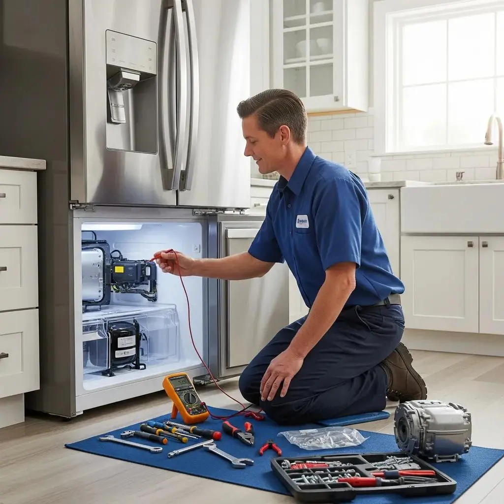 Appliance Expert technician repairing a refrigerator in a modern kitchen, showcasing appliance repair services in Toronto.
