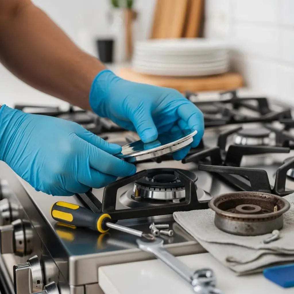 Technician in blue gloves replacing a gas stove burner, highlighting gas stove repair process with tools and parts nearby.