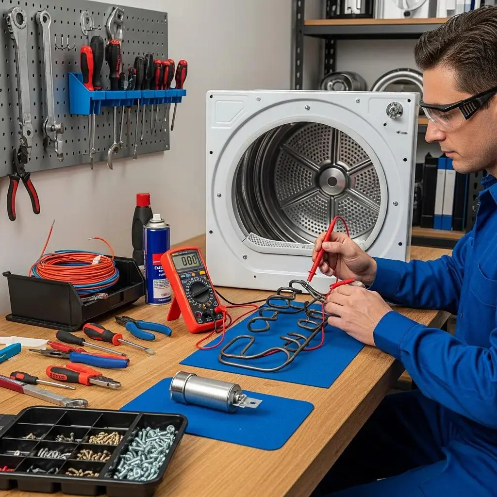 Technician troubleshooting a dryer&rsquo;s heating element and thermal fuse with a multimeter in a repair space