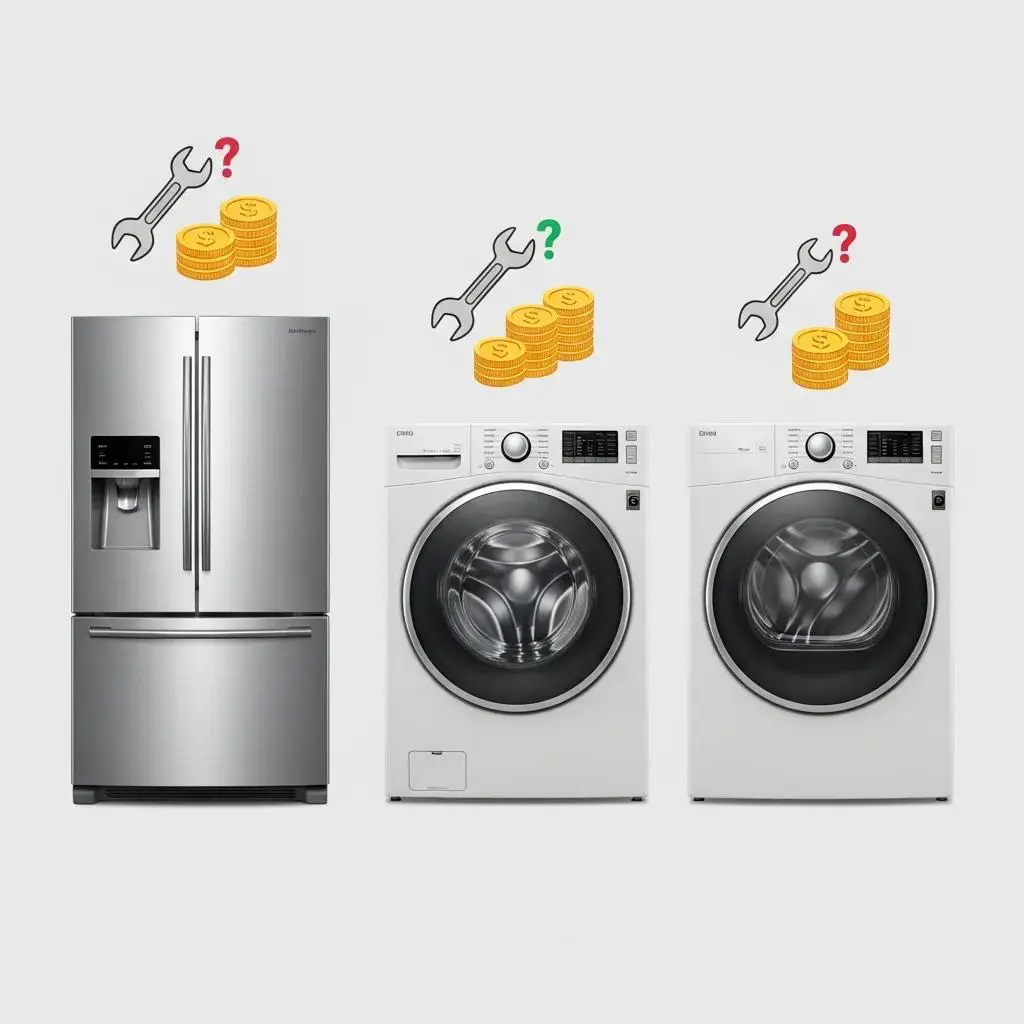 Refrigerator, washer, and dryer appliances illustrating average appliance repair costs in Toronto.