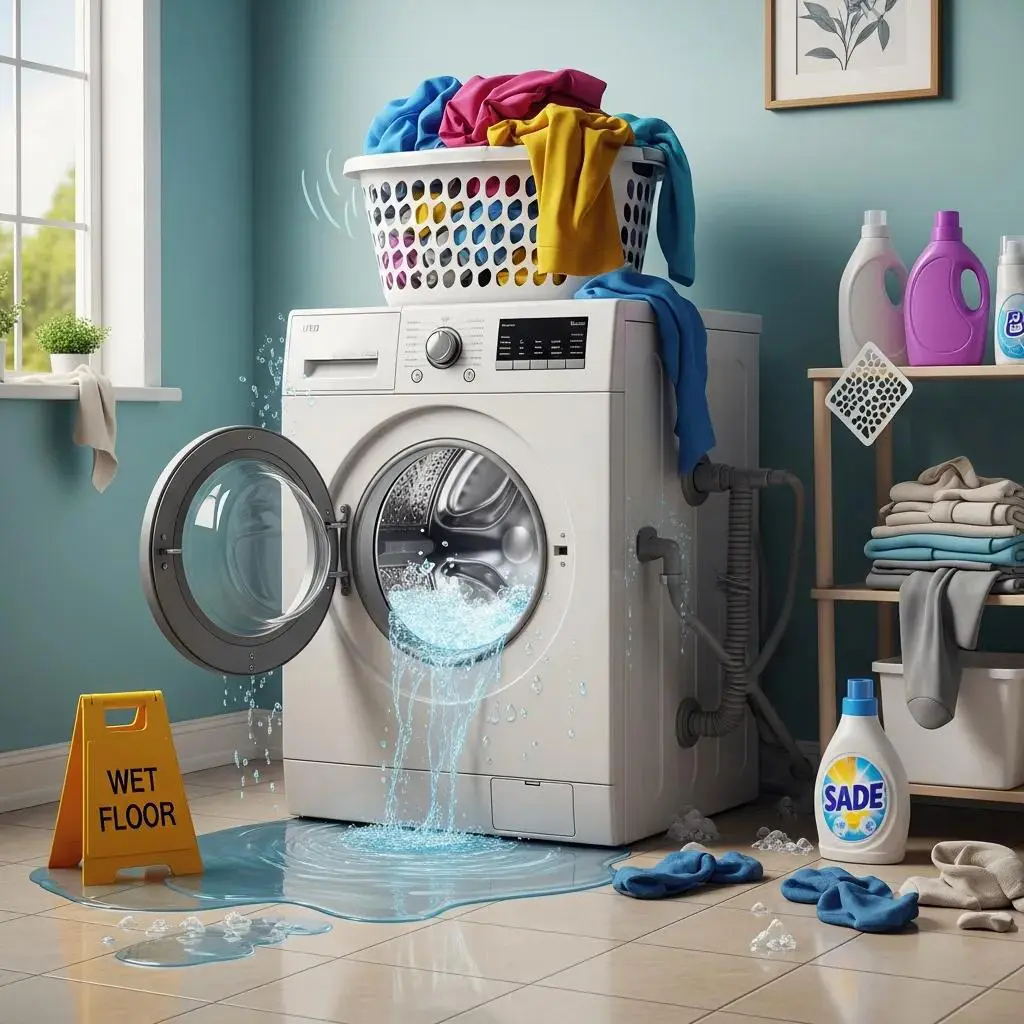 Visual representation of common washing machine problems like leaks and noise