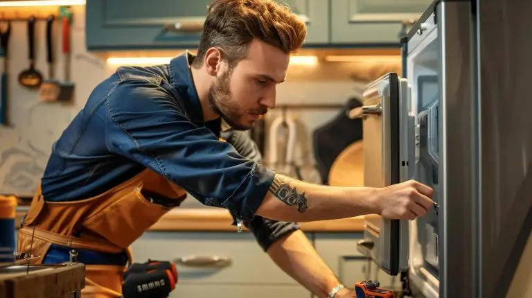 Certified technician repairing a Samsung refrigerator in a modern kitchen