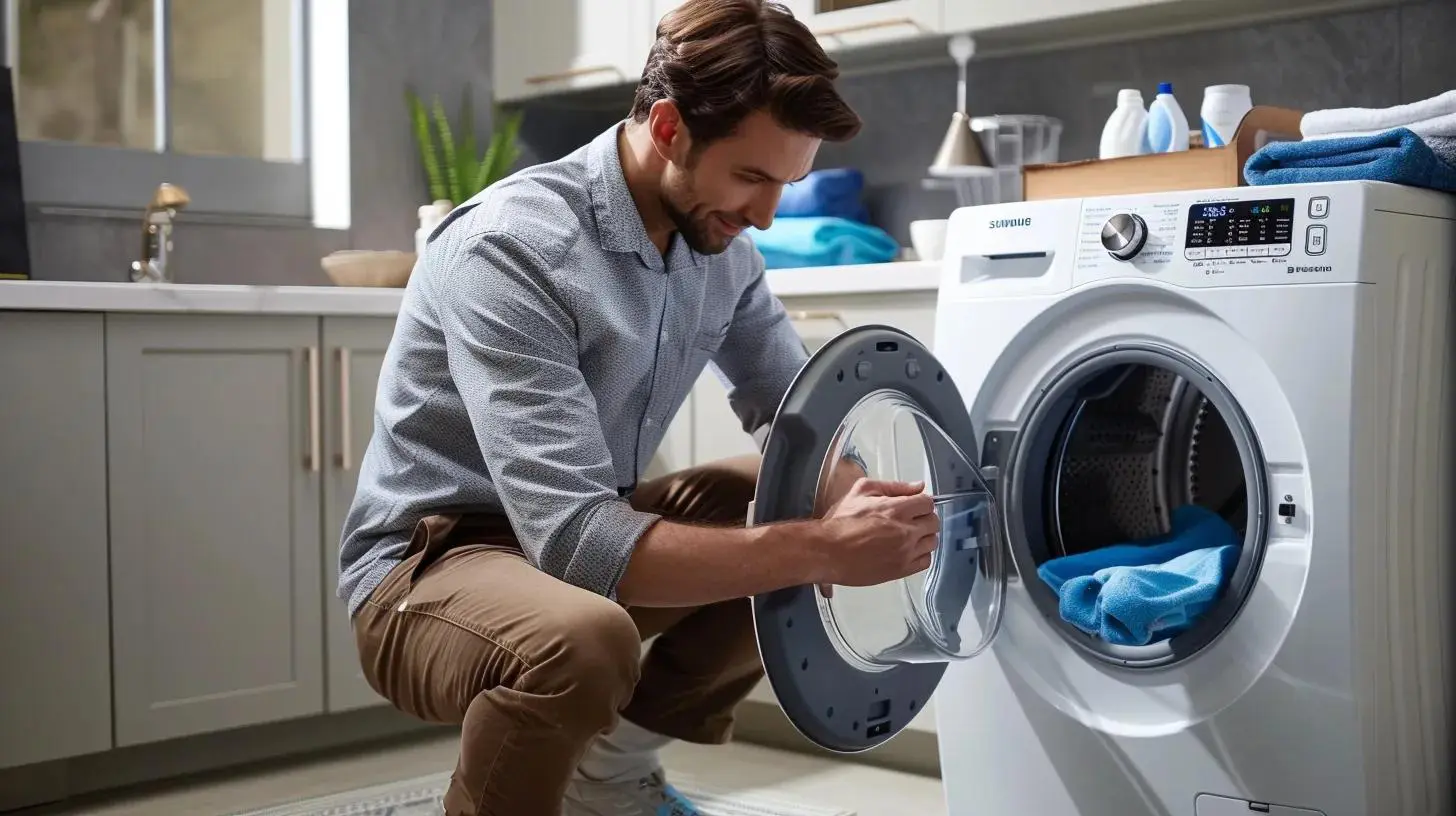 Certified technician inspecting a Samsung washing machine in a laundry room
