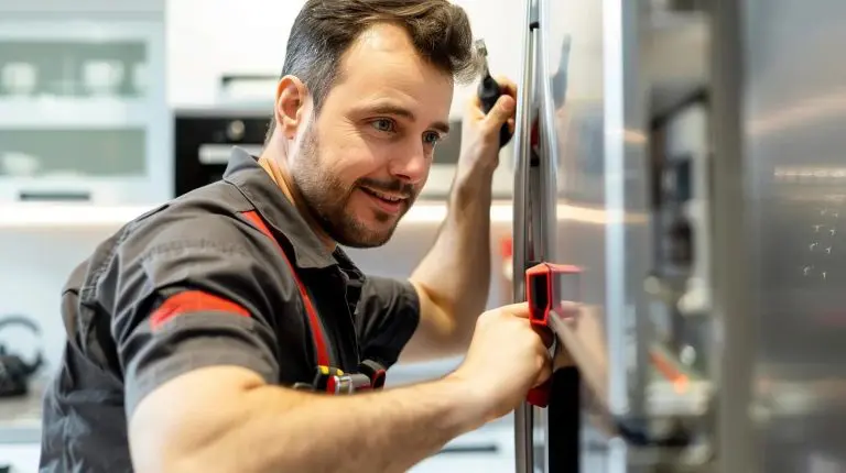 Technician repairing a refrigerator in a modern North York kitchen