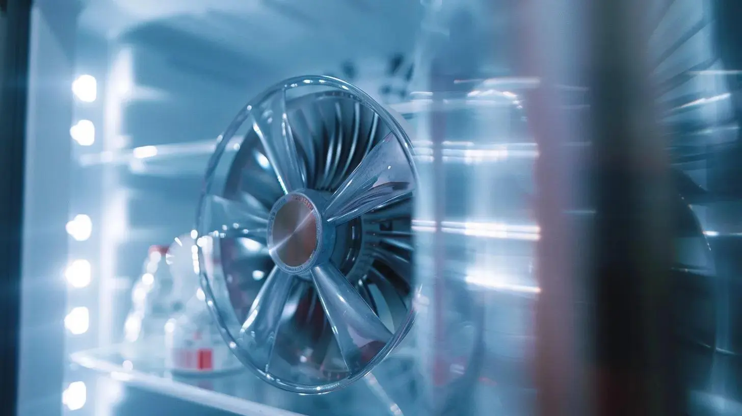 Close-up of an evaporator fan inside a refrigerator highlighting its components