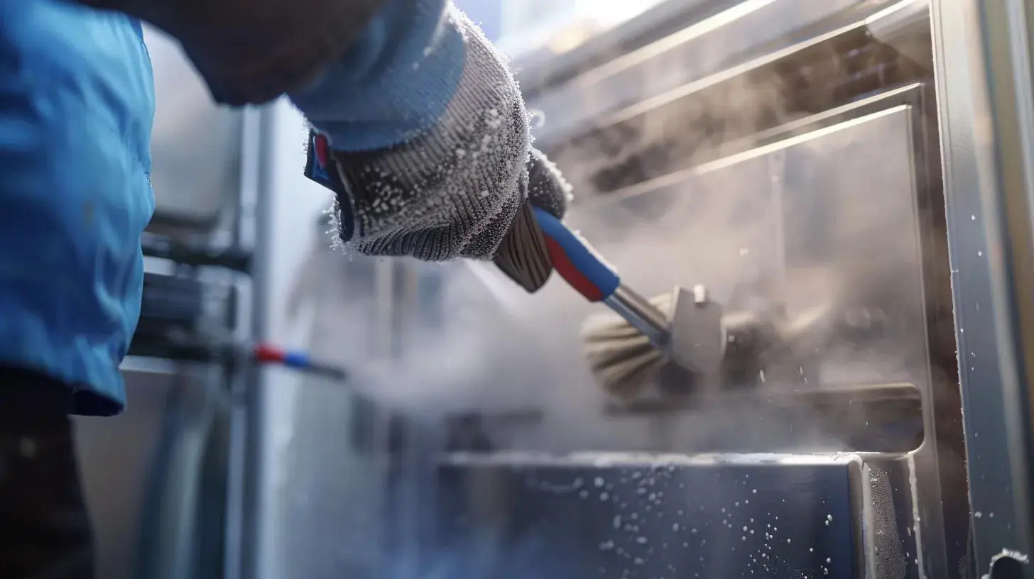 Technician cleaning refrigerator condenser coils to prevent cooling problems