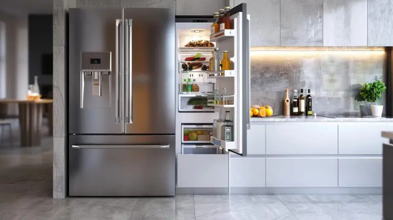 Modern refrigerator with open freezer showcasing frozen items in a bright kitchen
