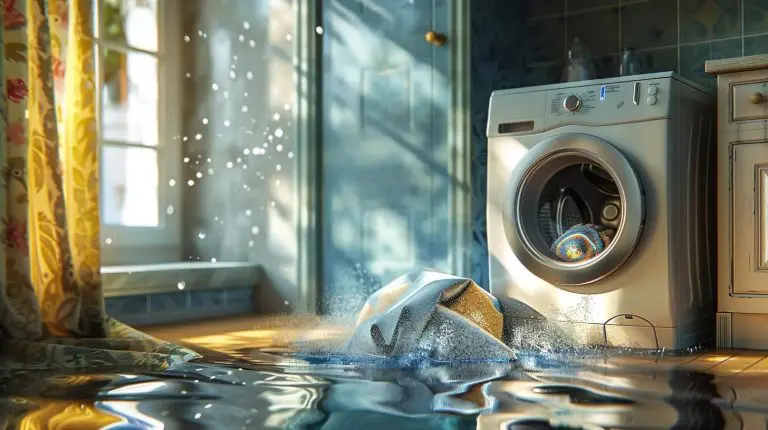 Washing machine showing signs of failure with water pooling around it