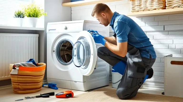 Professional technician repairing a washing machine in a modern home setting