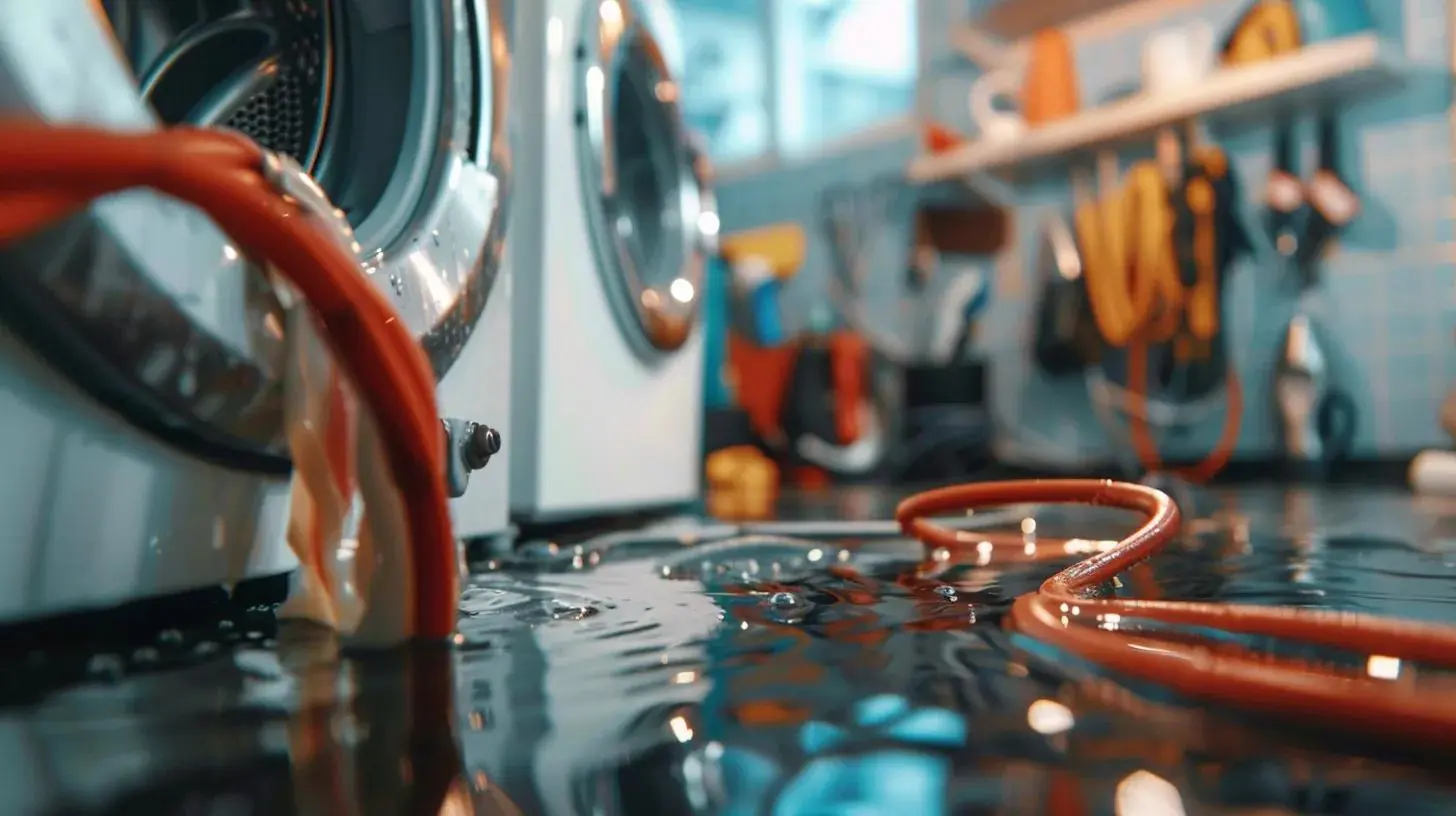 Close-up of a washing machine showing water leakage and damaged hoses