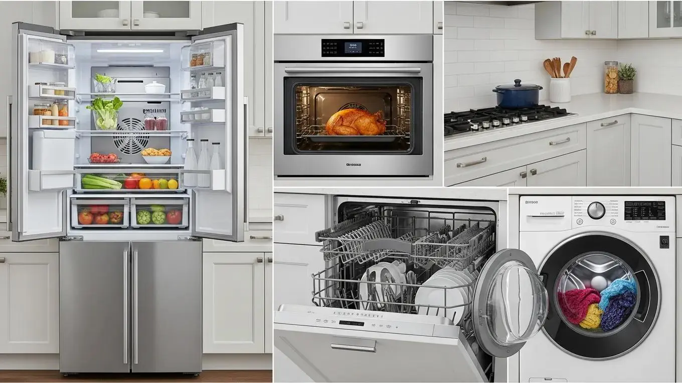 Collage of major household appliances like refrigerator, oven, dishwasher, and washing machine, representing common repairs by licensed technicians