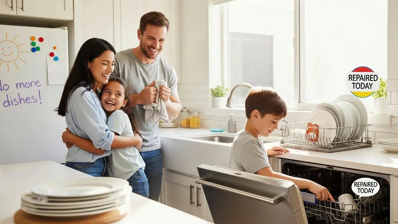 Family enjoying time in the kitchen after a successful same day appliance repair