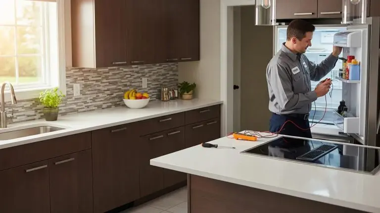 Licensed appliance repair technician inspecting a refrigerator in a modern kitchen