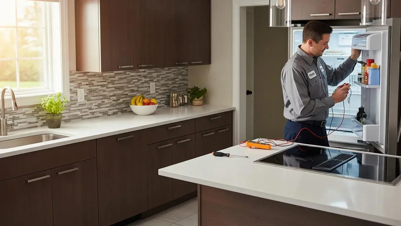 Licensed appliance repair technician inspecting a refrigerator in a modern kitchen