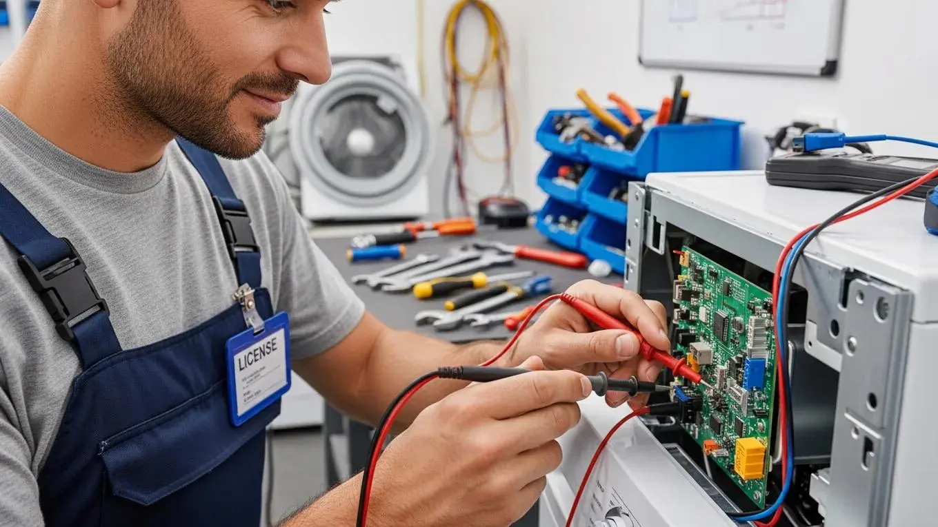 Licensed appliance repair technician using tools on a washing machine
