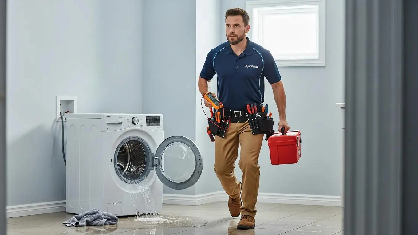 Technician addressing an emergency appliance repair situation in a home setting