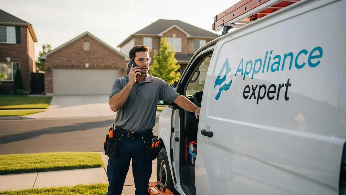 Technician on a service call ready to respond to emergency appliance repairs in a residential area