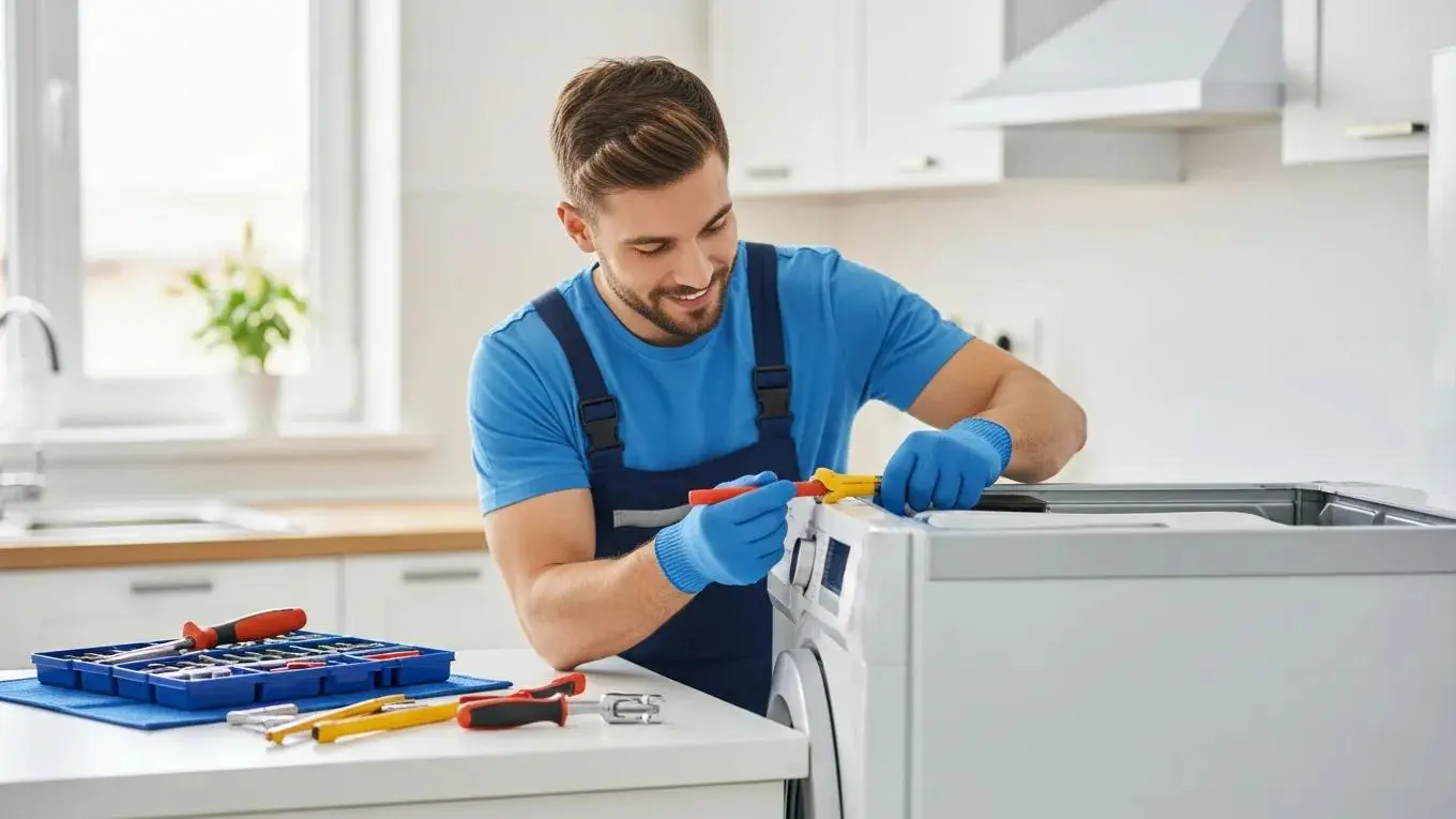 Technician repairing a household appliance in a modern kitchen, showcasing professional appliance repair services