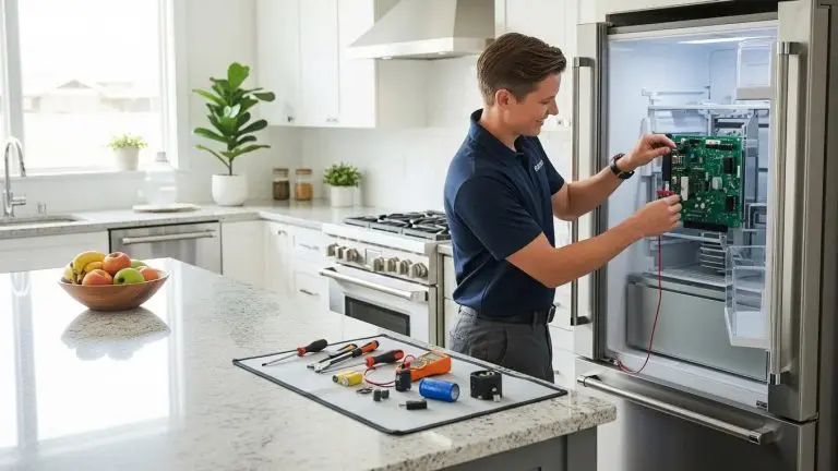Technician repairing a refrigerator in a modern kitchen, highlighting same day appliance repair services